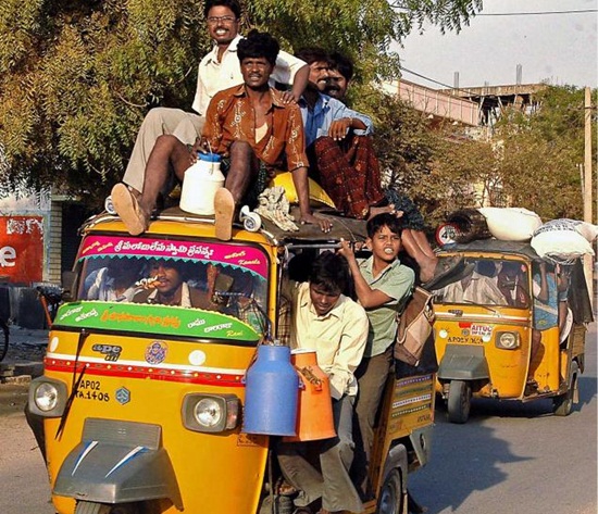 crowded autorickshaws, auto rickshaws during transport strikes in India