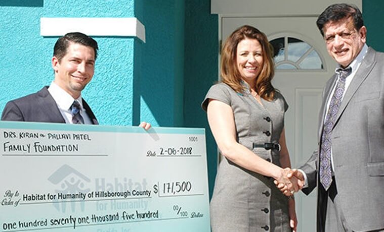 Dr. Kiran Patel news, Kiran Patel Foundation donations, Humanity for Habitat Hillsborough County, Florida Indians